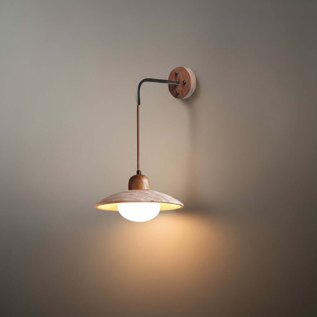 Wall Lamp — Travertine Shade Walnut Wood Socket for Bedside